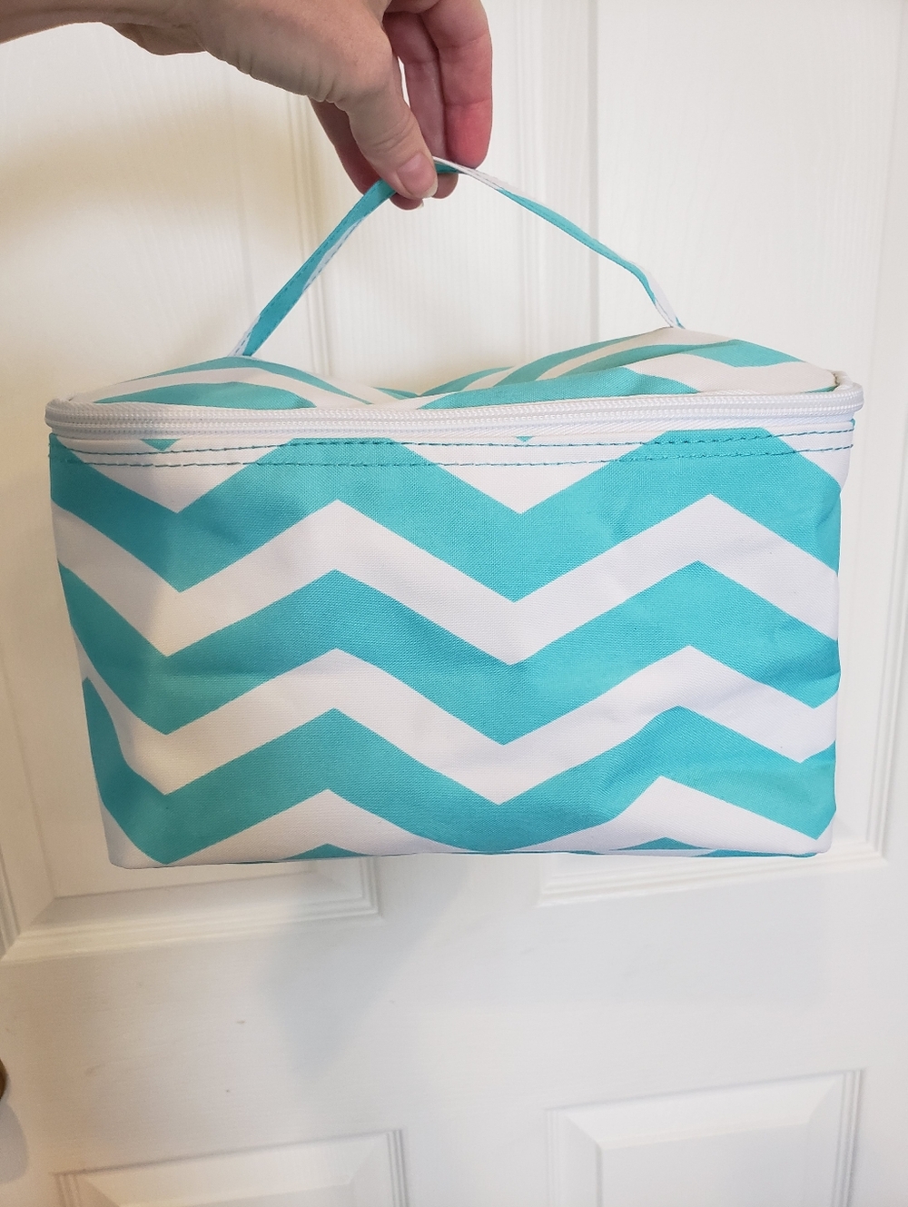 NWT Blue and White Chevron Cosmetic Train Case, Large
